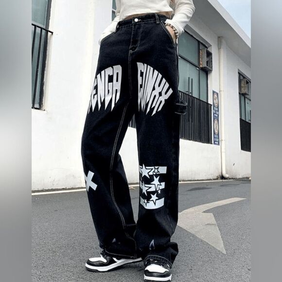Mauv Studio Denim - Mauv Studio Black Star Letter Graphic Cargo Jeans Size S